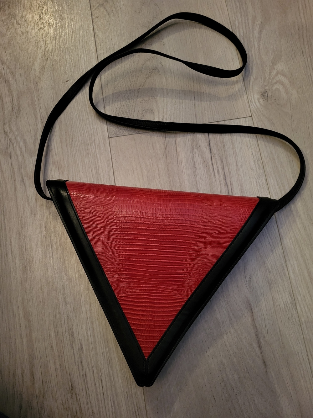 Roberto Vascon Handmade Red Triangle Crossbody Bag with Black Trim Leather